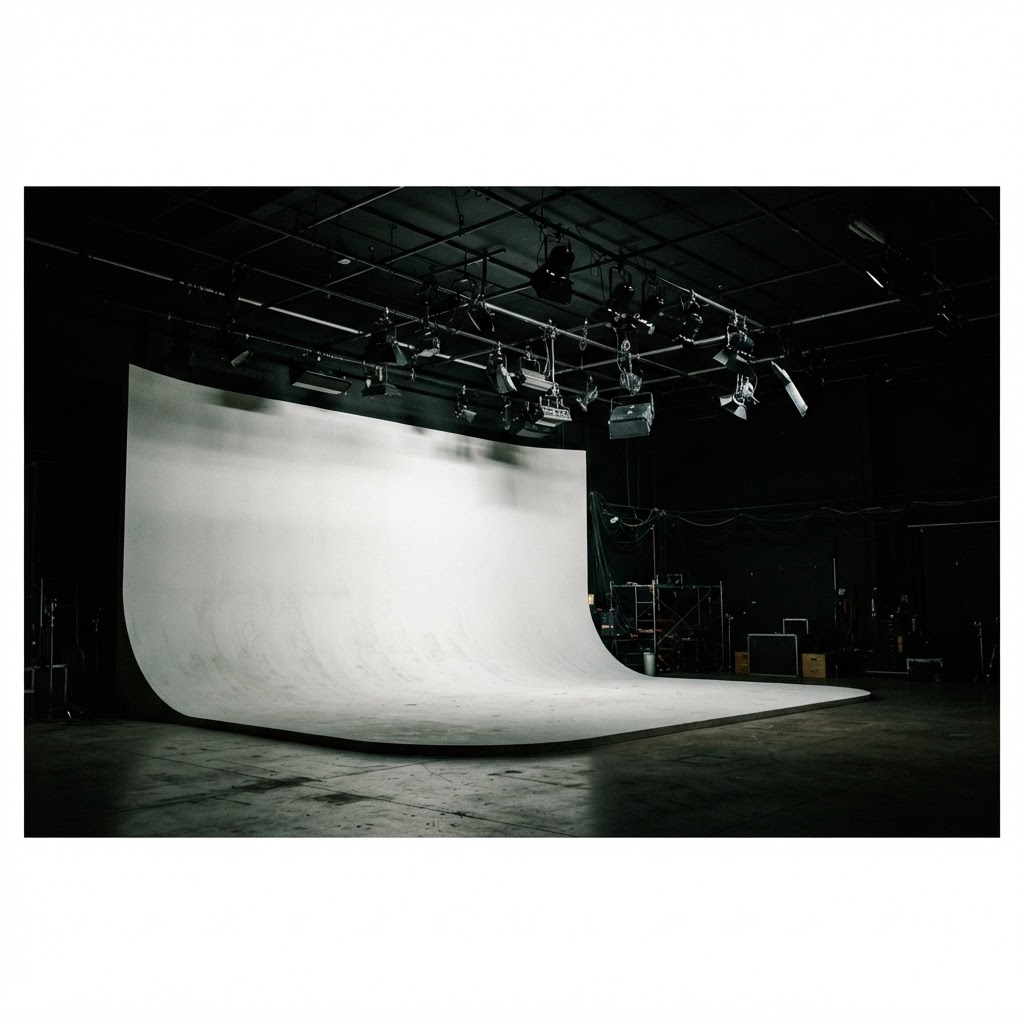 Cyclorama wall and lighting grid inside Check It Studio in Lincoln, Nebraska