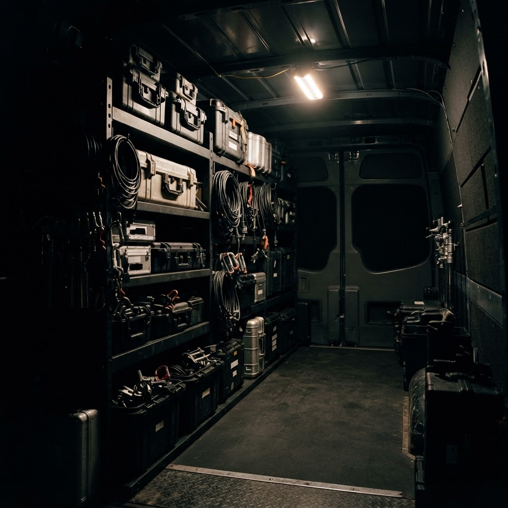 Interior of the Tiny Ton production van with shelving of labeled gear cases and cables